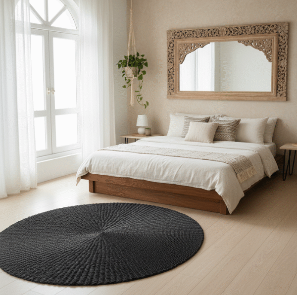 Tapis de sol rond en tressage serré de couleur noir charbon, au centre d'une chambre à coucher au style minimaliste bohème.