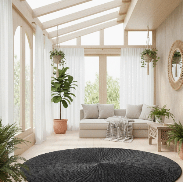 Tapis rond tressé en fibres noires, avec un motif concentrique en spirale, posé sur un plancher de bois clair.