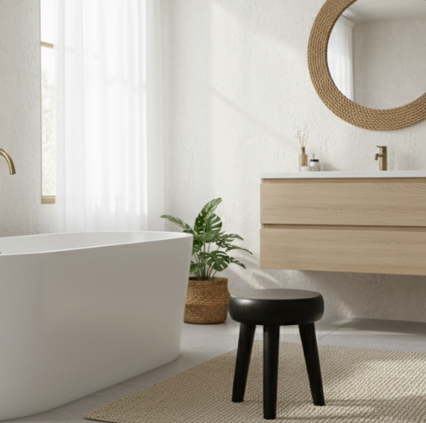 Tabouret design minimaliste en bois noir, parfait pour salon, chambre ou salle de bain.