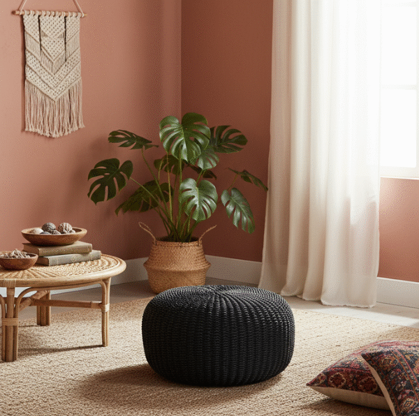 Créer un coin détente bohème avec un pouf rond en corde tressée noire, design moderne et touche bohème pour salon ou chambre.