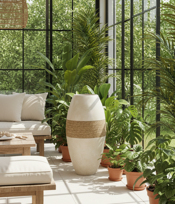 Jarre moderne beige avec motif de corde, idéale pour plantes d’intérieur. Ambiance déco bohème extérieur petit budget.