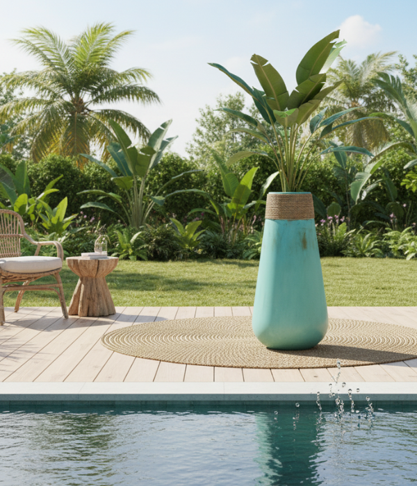 Grand vase turquoise en bois avec corde naturelle autour du col