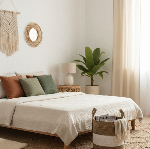 Panier de rangement en matière naturelle idéal pour salle de bain ou salon.