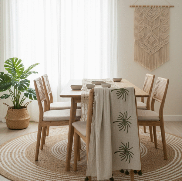 Plaid décoratif en lin naturel avec palmiers verts brodés.