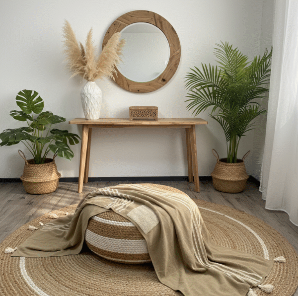 Jeté de canapé beige à motifs texturés et finitions pompons.