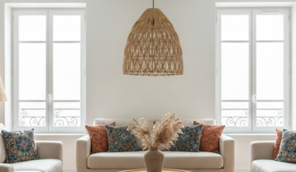 Salon bohème chic lumineux avec suspension en rotin, mobilier en bois naturel et coussins aux tons terreux