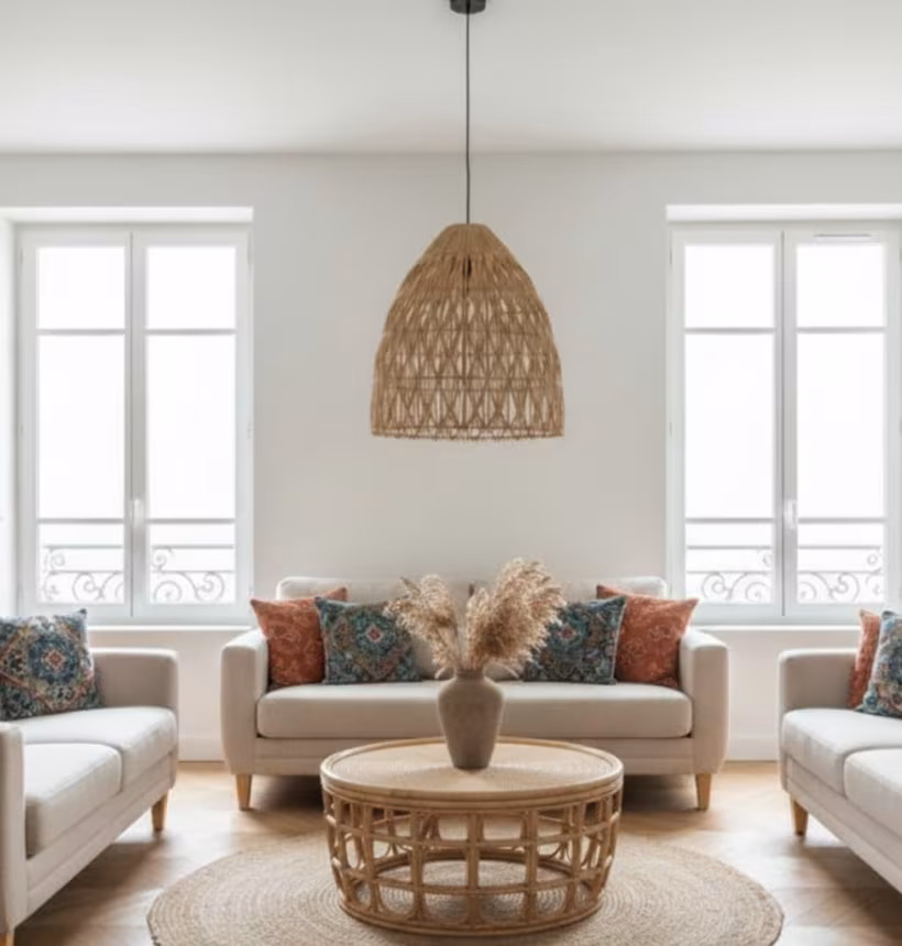 Salon bohème chic lumineux avec suspension en rotin, mobilier en bois naturel et coussins aux tons terreux