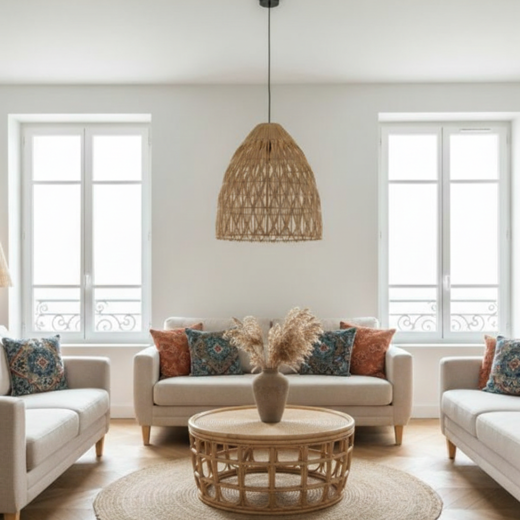 Salon bohème chic lumineux avec suspension en rotin, mobilier en bois naturel et coussins aux tons terreux