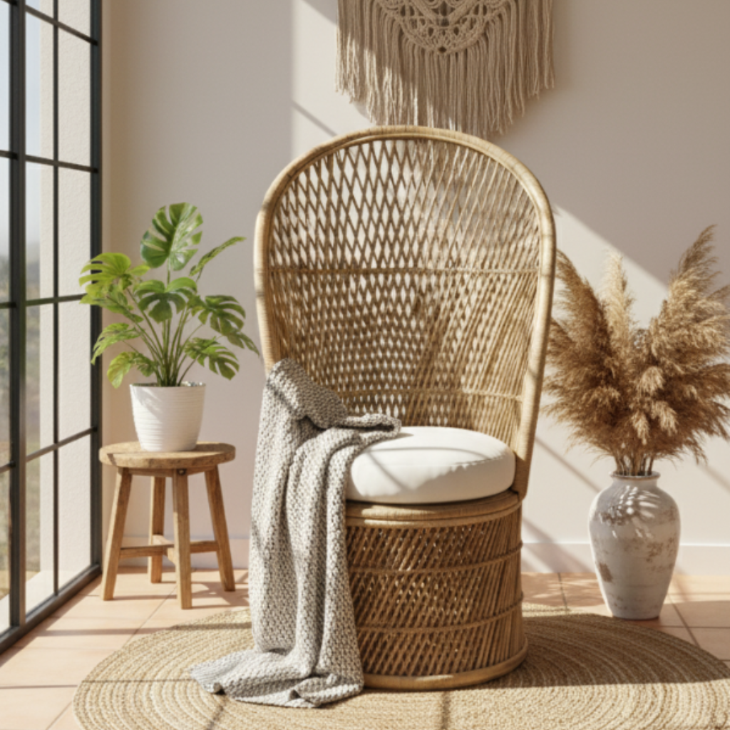 Fauteuil en rotin naturel style bohème chic avec coussin blanc,
