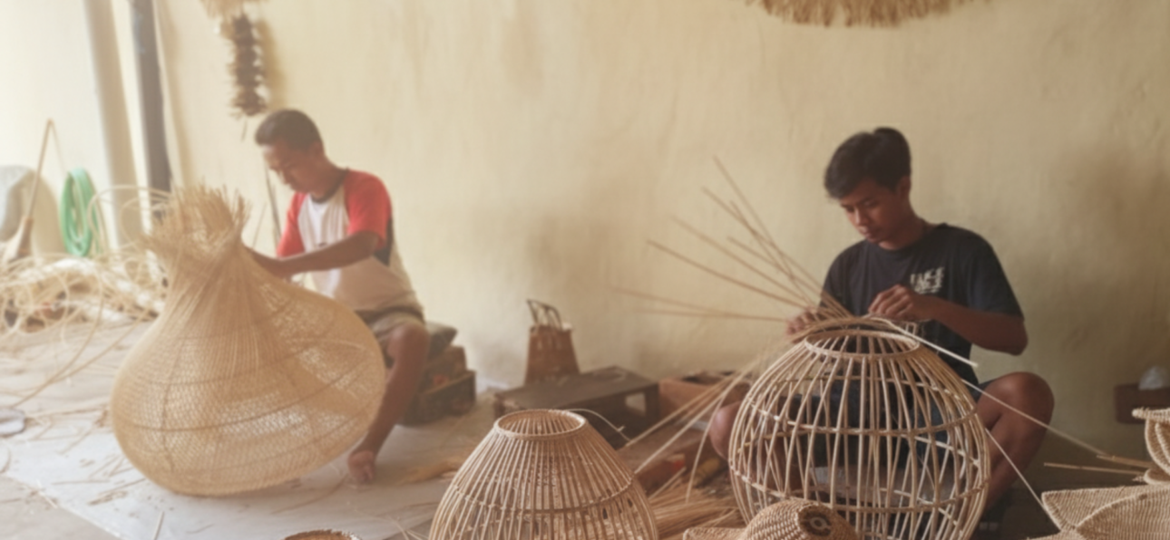 Artisanat balinais : artisans balinais fabriquant à la main des suspensions en rotin, illustrant le tressage traditionnel et le savoir-faire artisanal de Bali.