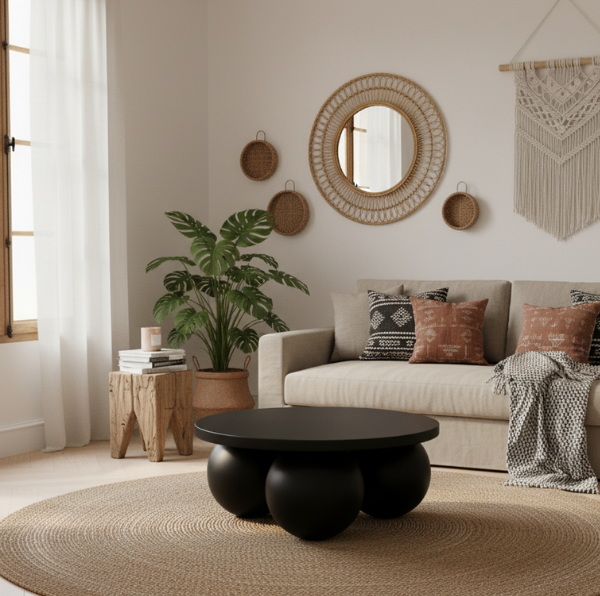 Table basse ronde en terrazzo noir au design organique, posée sur un tapis en fibres naturelles dans un salon bohème chic.