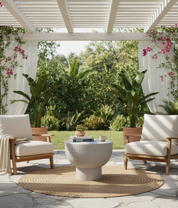 Table basse ronde en terrazzo clair, au design sculptural, placée au centre d’un salon de jardin bohème chic.