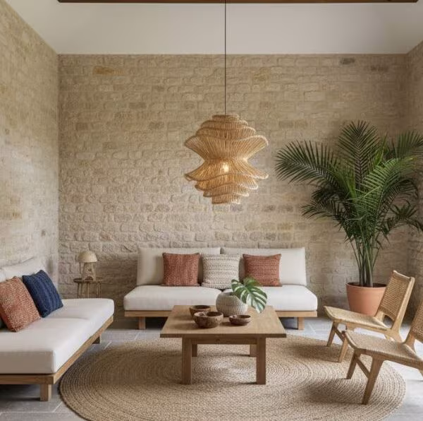 Suspension en rotin tressé artisanale.