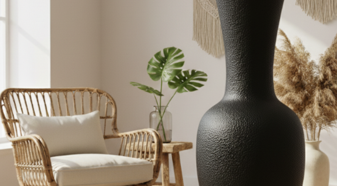Grande jarre décorative noire Serui au design sculptural dans un salon bohème avec fauteuil en rotin et tapis en fibres naturelles.