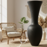 Grande jarre décorative noire Serui au design sculptural dans un salon bohème avec fauteuil en rotin et tapis en fibres naturelles.