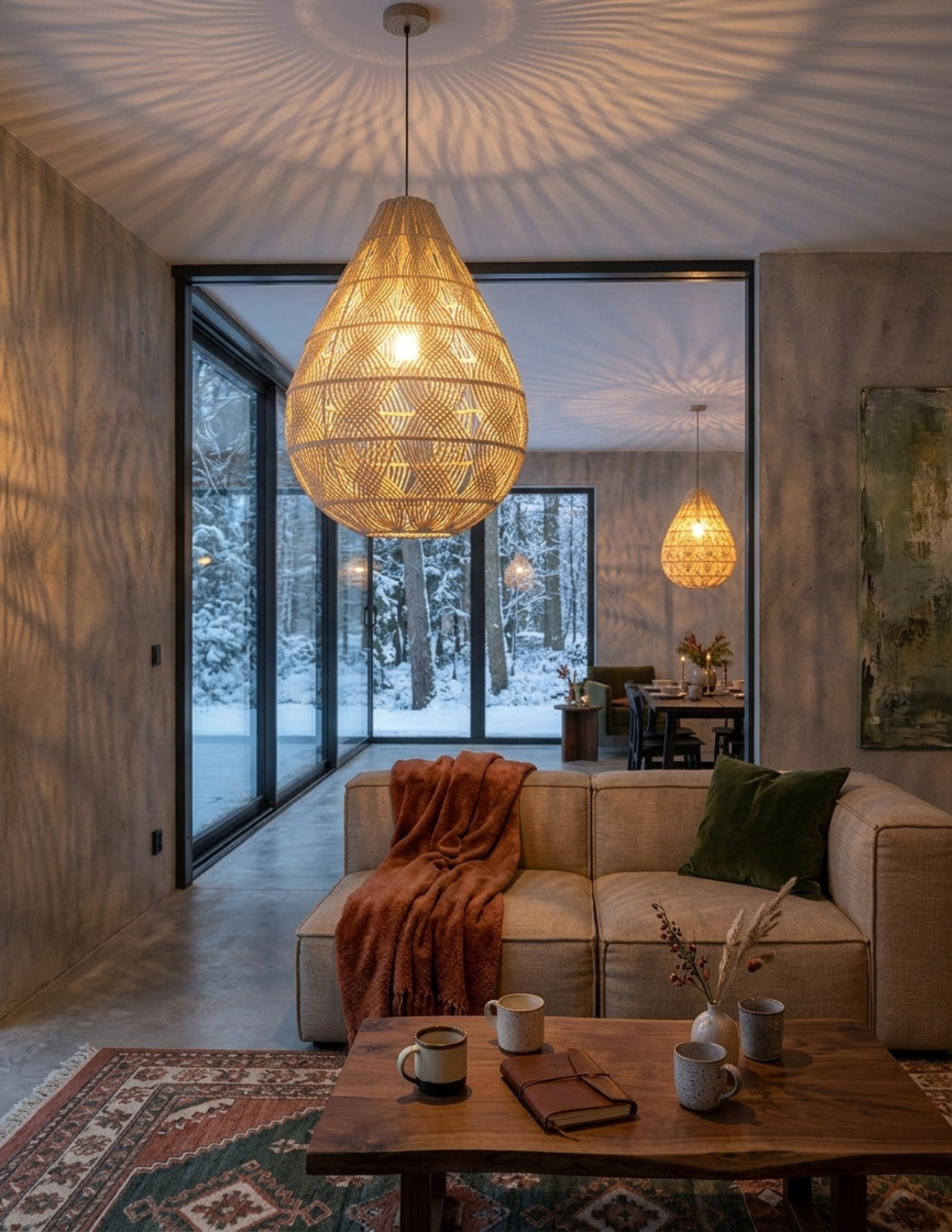 Lampe suspension en rotin naturel, fabrication artisanale de Bali, style ethnique et contemporain.