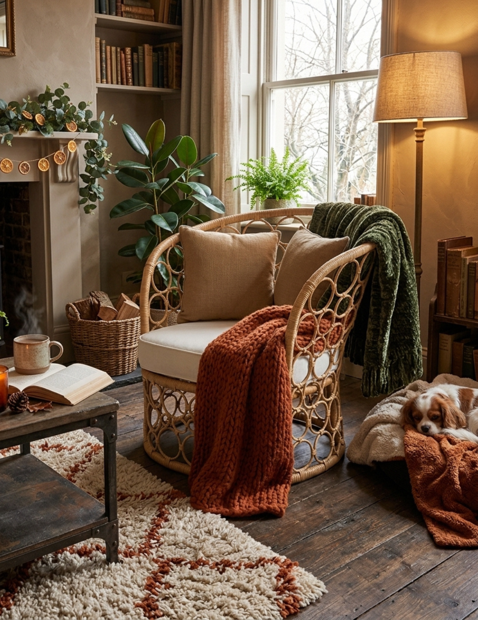 Siège en rotin tressé avec coussin écru, décoré de coussins beiges dans une chambre chaleureuse.
