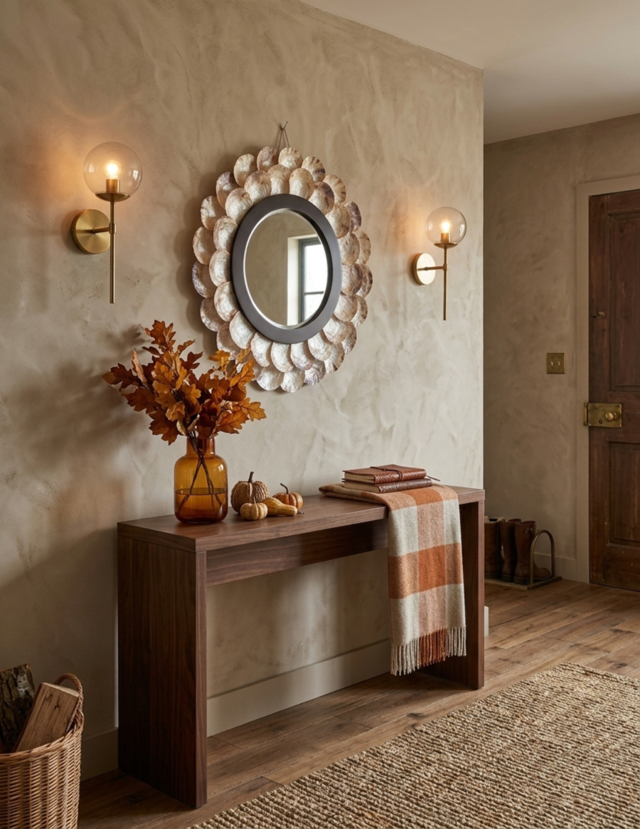 Miroir décoratif artisanal en matières naturelles, mélange de nacre, bois et coquillages pour une ambiance apaisante (slow living)