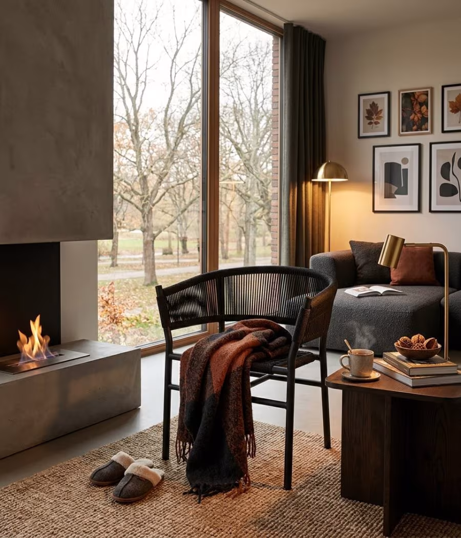 Chaise design noire en corde tressée avec structure métallique dans un salon moderne