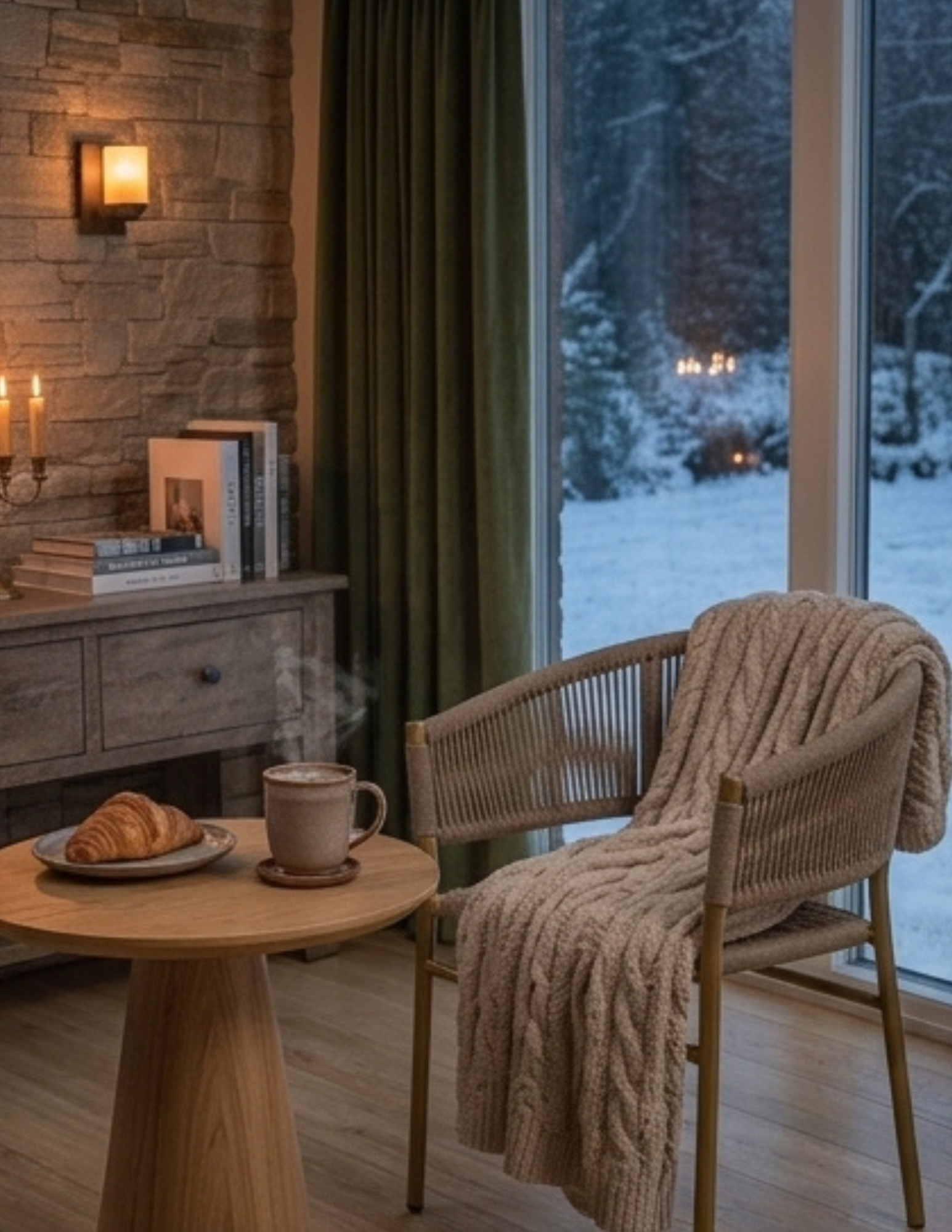 Chaise d’extérieur élégante en corde taupe autour d’une table en bois